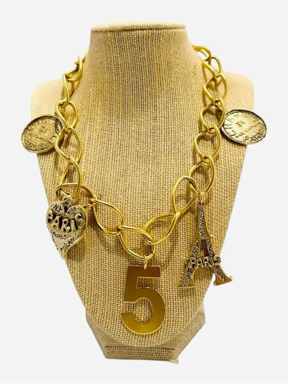 Yochi Gold-Tone Paris Charm Statement Necklace with Number 5 Pendant - Picture 1 of 6